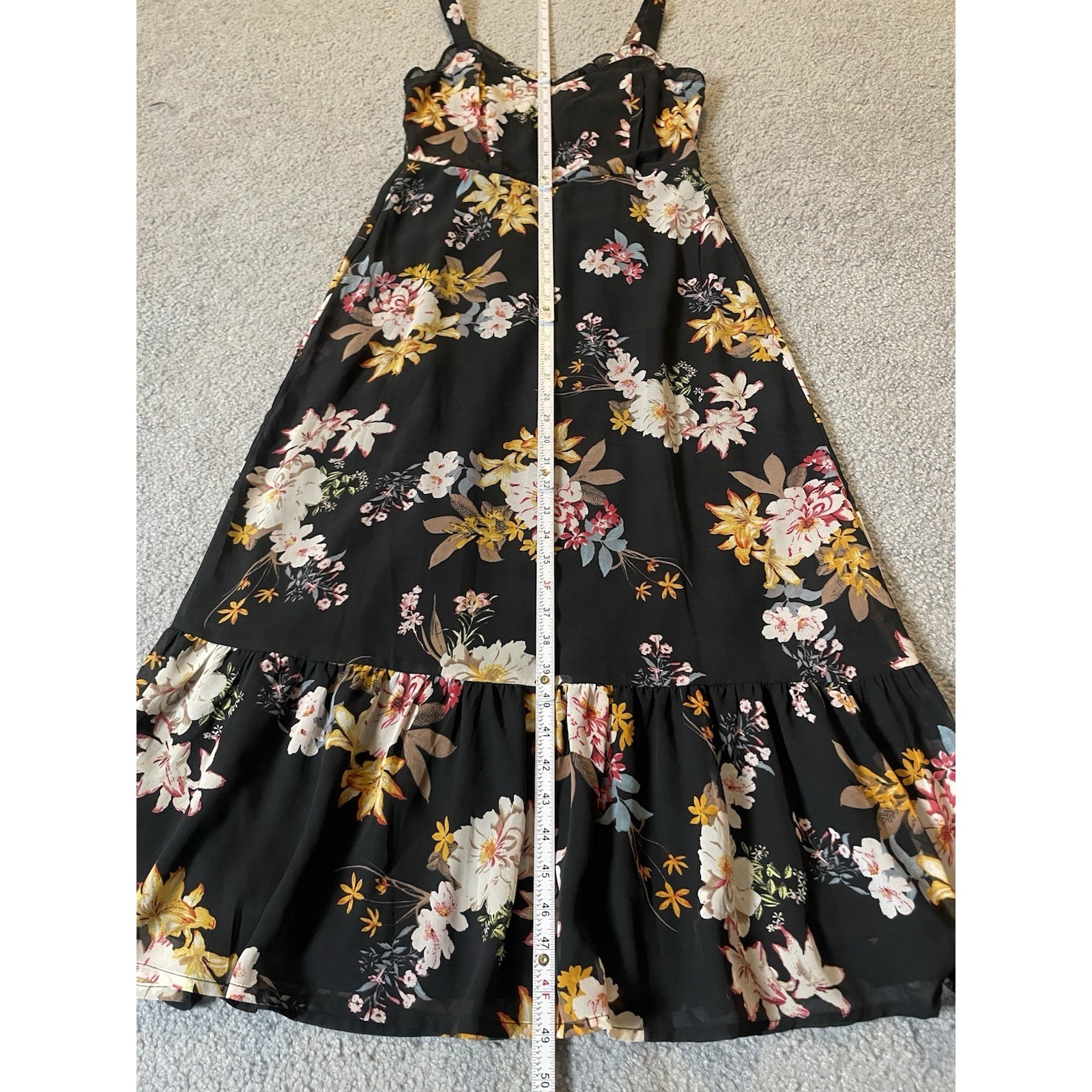 Tuchuzy Floral Midi Dress Sz S Black Yellow Smocked Ruffles Boho Party — image 8 of 8